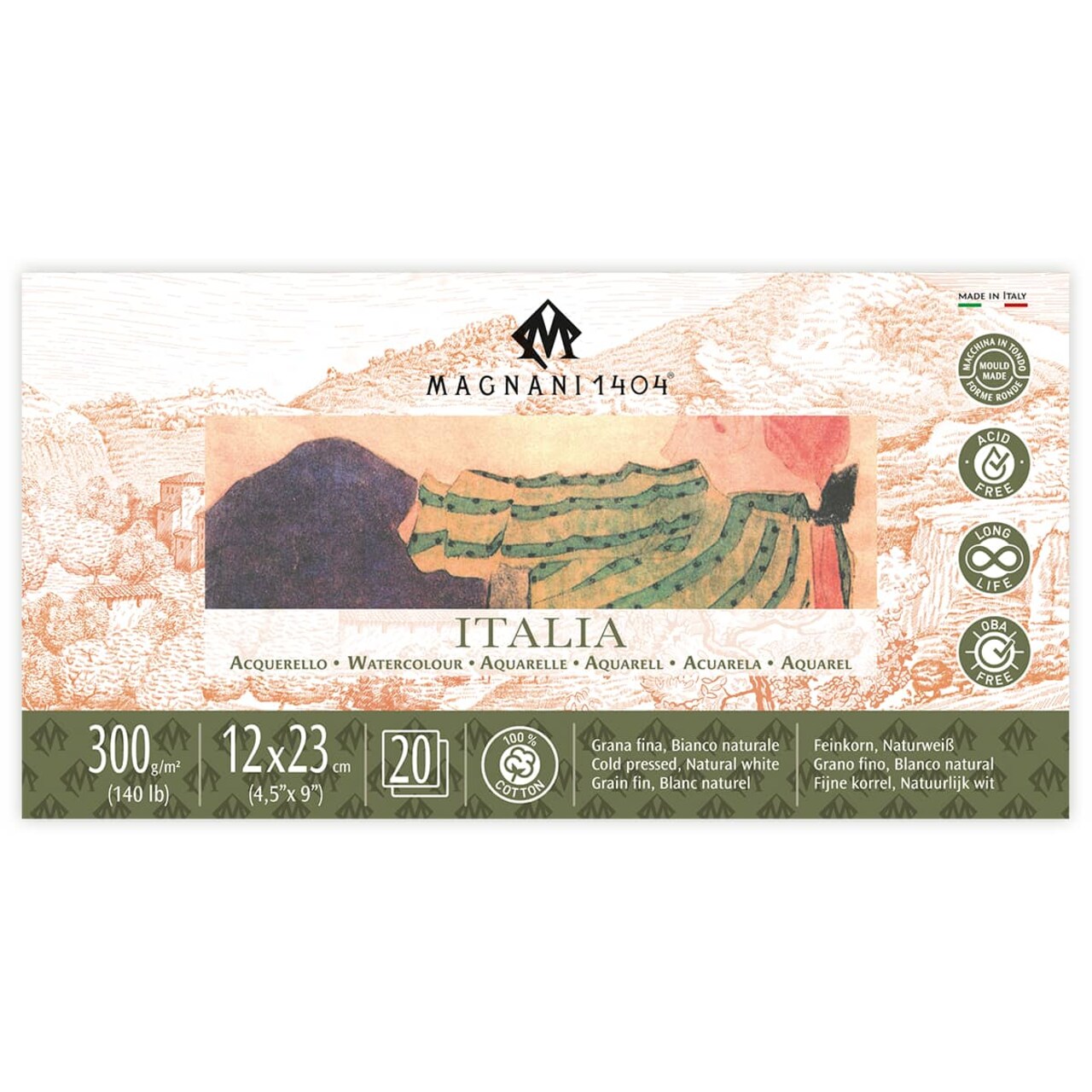Magnani 1404 Italia Cold Press 100% Cotton Watercolor Paper Pad, 20 Sheets, 140 lb, Acid-Free, UV Resistant, Deckled Edges, Vegan Sized Water Color Paper for Artists, Made in Italy